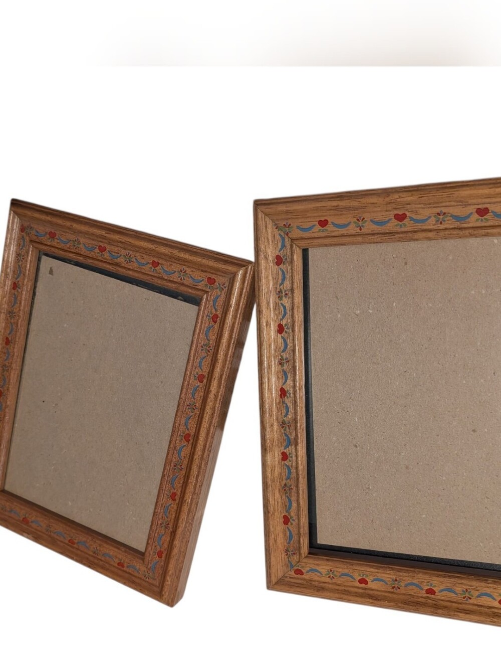 Vintage Oak Wood Picture Frames Set of 2 Country Hearts & Blue Bows Folk Art